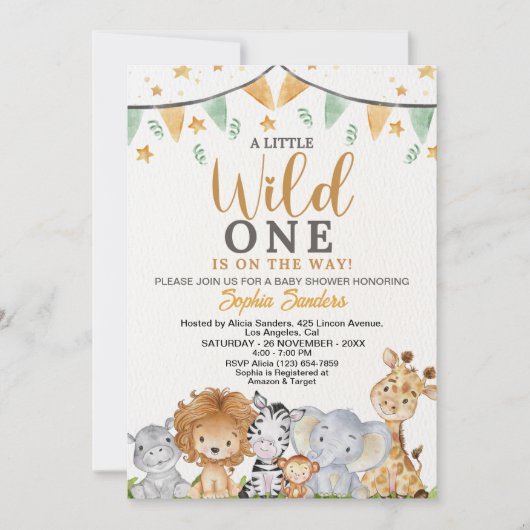 A Little Wild One Safari Animals Baby Shower 招待状 (正面)