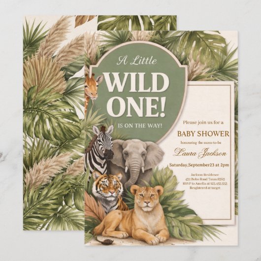 A Little Wild One Safari Baby Animals Baby shower 招待状 (正面/裏面)