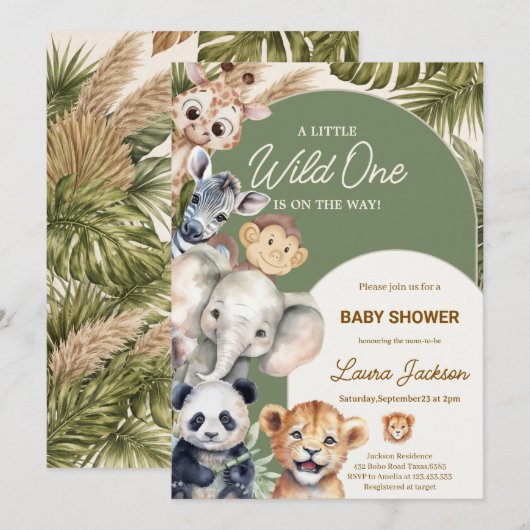 A Little Wild One Safari Baby Animals Baby shower 招待状 (正面/裏面)