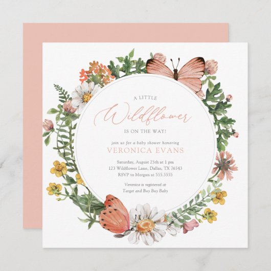 A Little Wildflower is on the way Girl Baby Shower 招待状 (正面/裏面)