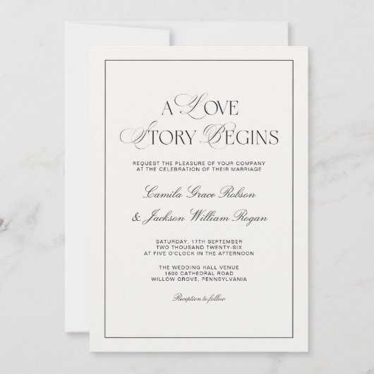 A Love Story Old Money Black and Ivory Wedding 招待状 (正面)