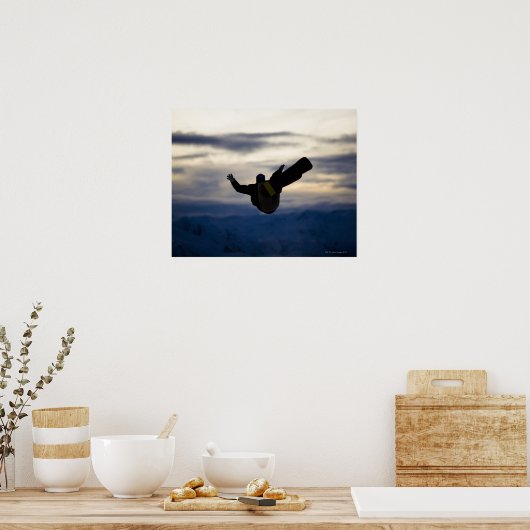 A male snowboarder does a back flip while riding ポスター (キッチン)