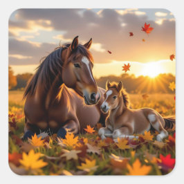 A Mama Horse and her Foal in Autumn スクエアシール