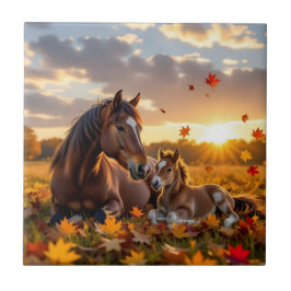 A Mama Horse and her Foal in Autumn タイル