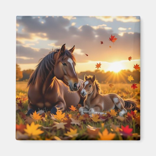 A Mama Horse and her Foal in Autumn マグネット (正面)