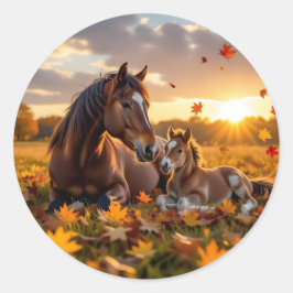 A Mama Horse and her Foal in Autumn ラウンドシール