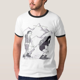 A Man and Woman Hiking with Backpacks Up  Mountain Tシャツ