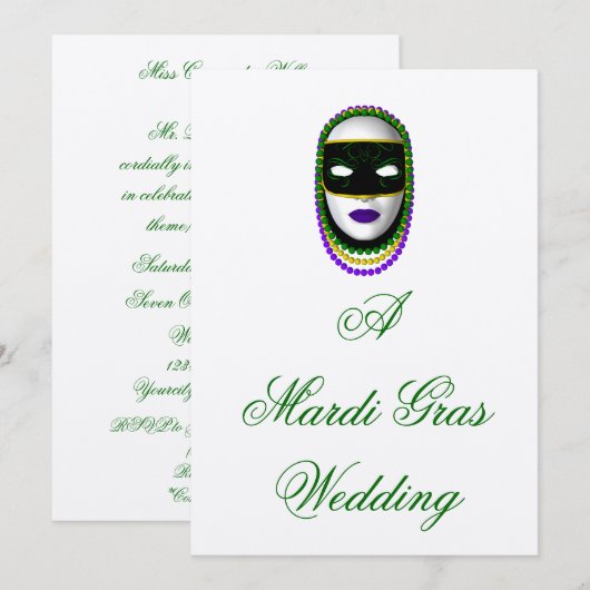 「A Mardi Gras'結婚s」ビーズマスク – 黒/緑/P 招待状 (正面/裏面)