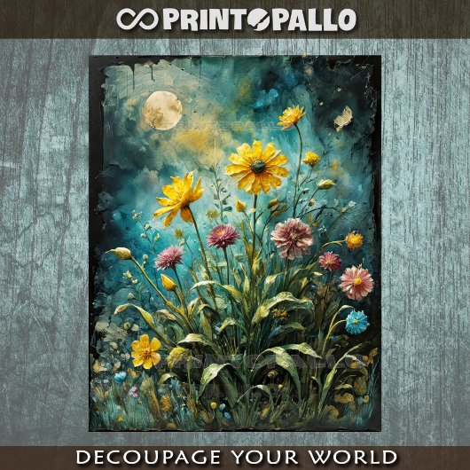 A meadow of yellow and purple flowers snd the moon 薄葉紙