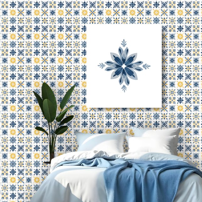 A Mediterranean Tile Design with Floral Geometric  壁紙 (A Mediterranean Tile-Style Pattern Featuring Nine Floral and Geometric Designs in Navy Blue & Yellow)