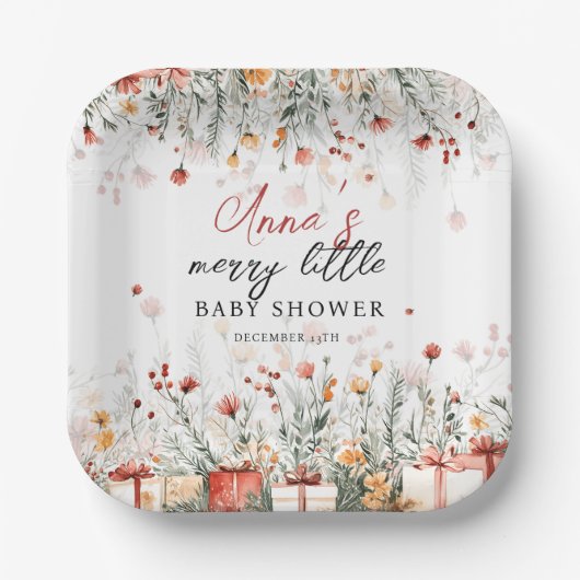 A Merry Little Baby Shower Christmas Florals ペーパープレート (正面)