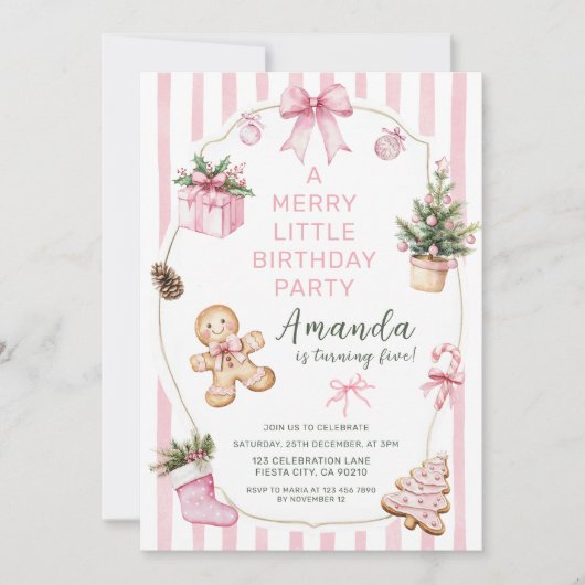A Merry Little Christmas Birthday Party Girl Pink  招待状 (正面)