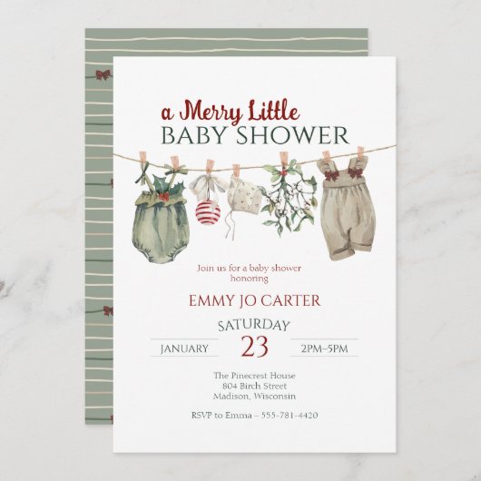 A Merry Little Girl Baby Shower Christmas Clothes 招待状 (正面/裏面)