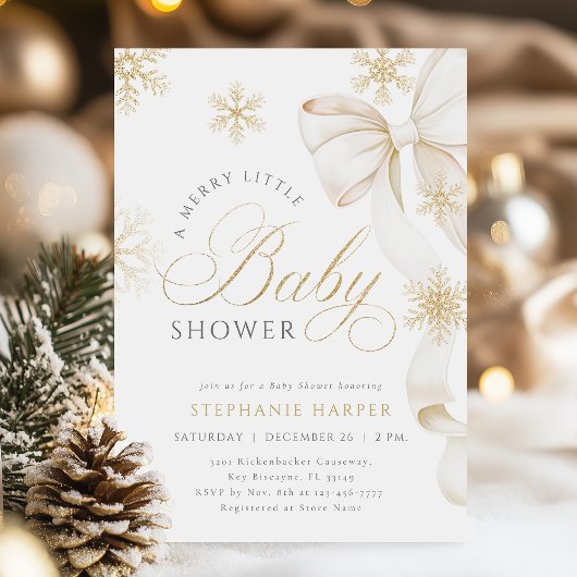 A Merry Little Gold Bow Baby Shower 招待状