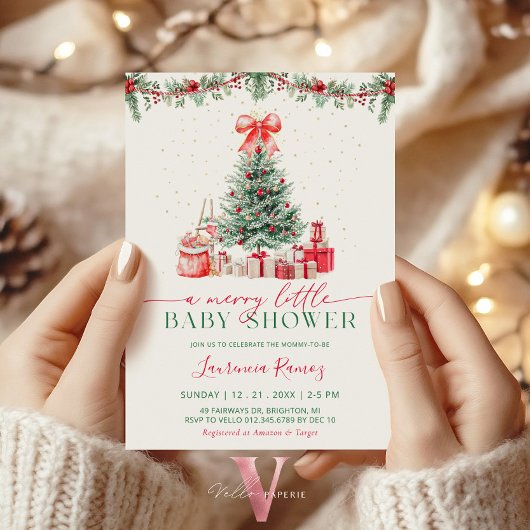 A Merry Little Holiday Christmas Tree Baby Shower 招待状