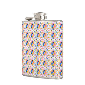 A metal flask is shown with a vibrant geometric  フラスク (左)
