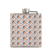 A metal flask is shown with a vibrant geometric  フラスク (裏面)