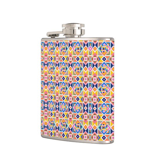 A metal flask with a vibrant geometric pattern フラスク (左)