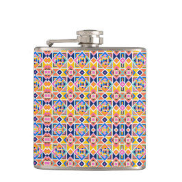 A metal flask with a vibrant geometric pattern フラスク
