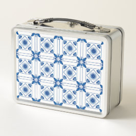 A metal lunchbox featuring a blue and white メタルランチボックス