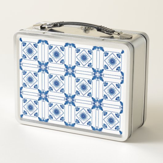 A metal lunchbox featuring a blue and white メタルランチボックス (裏面)