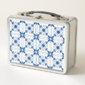 A metal lunchbox featuring a blue and white メタルランチボックス (正面)