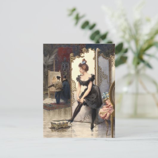 A Model Fastening Her Garter In An Artist's Studio ポストカード (スタンド正面)