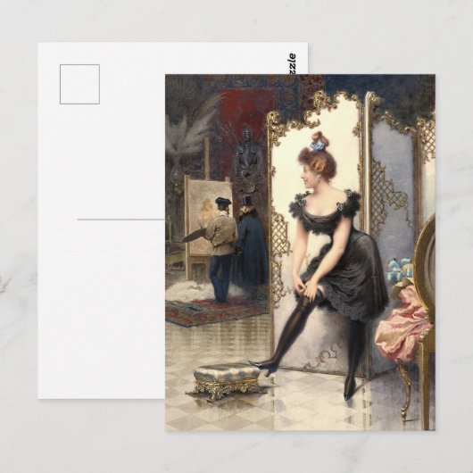 A Model Fastening Her Garter In An Artist's Studio ポストカード (正面/裏面)