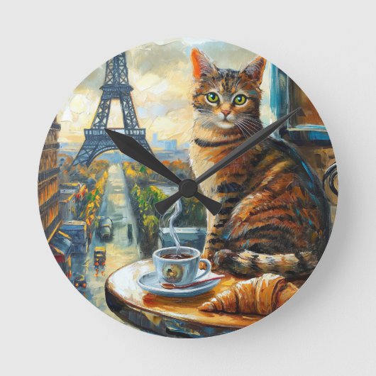 A Morning in Paris | Tabby Cat at a Cafe ラウンド壁時計 (正面)