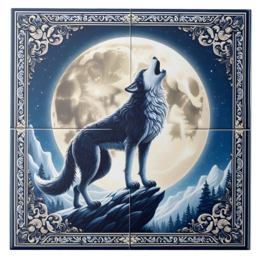 A Mystical Wolf Howls at the Moonlit Night Sky タイル (正面)