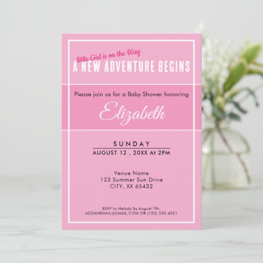 A New Adventure Begins Pink Babyshower Invitation 招待状 (スタンド正面)