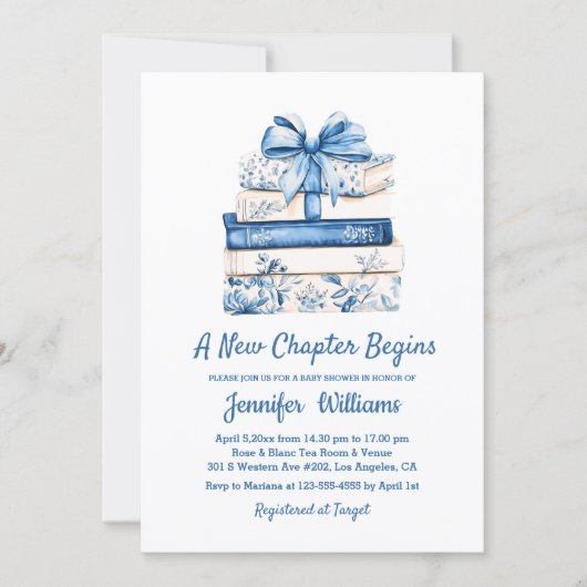a new chapter begins blue bow books baby shower  招待状 (正面)
