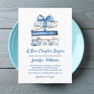 a new chapter begins blue bow books baby shower  招待状