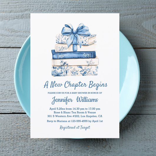 a new chapter begins blue bow books baby shower  招待状