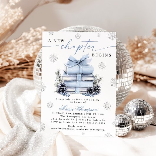 A New Chapter Begins Blue Bow Winter Baby Shower 招待状