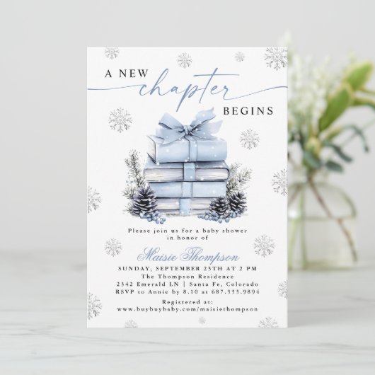 A New Chapter Begins Blue Bow Winter Baby Shower 招待状 (スタンド正面)