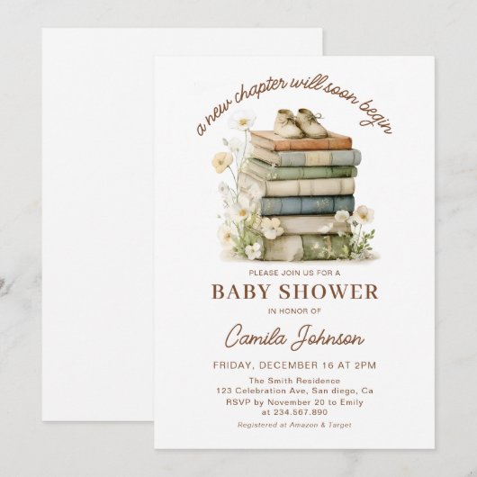 A New Chapter Begins Books Baby Shower Invitation 招待状 (正面/裏面)