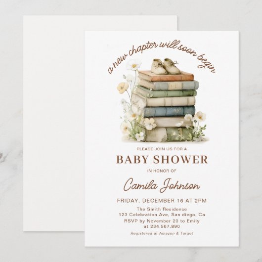 A New Chapter Begins Books Baby Shower Invitation 招待状 (正面/裏面)