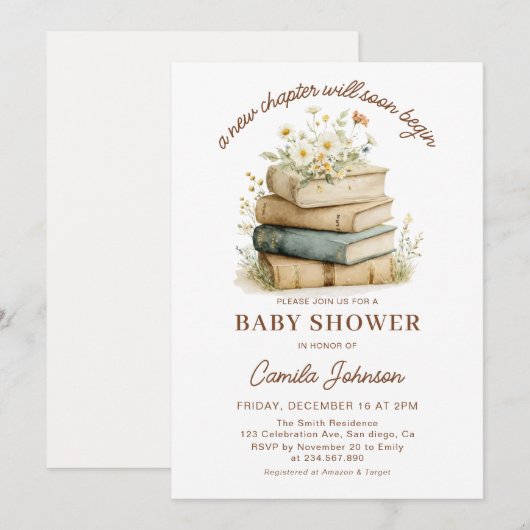 A New Chapter Begins Books Baby Shower Invitation 招待状 (正面/裏面)