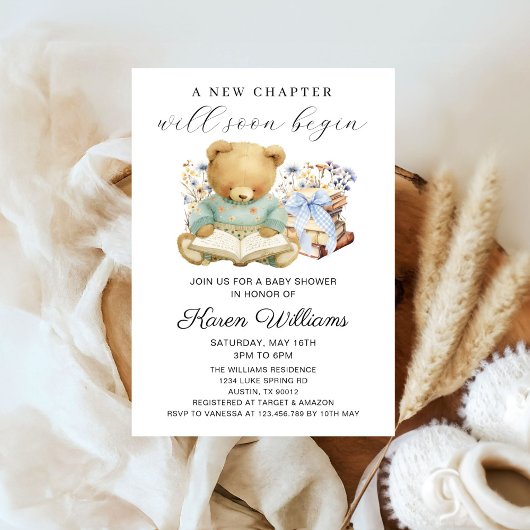 A New Chapter Begins Boy Bear Books Baby Shower 招待状