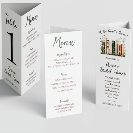 A New Chapter Begins!  Bridal Shower Menu Trifold 