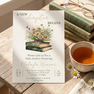 A New Chapter Begins Floral Books Baby Shower 招待状