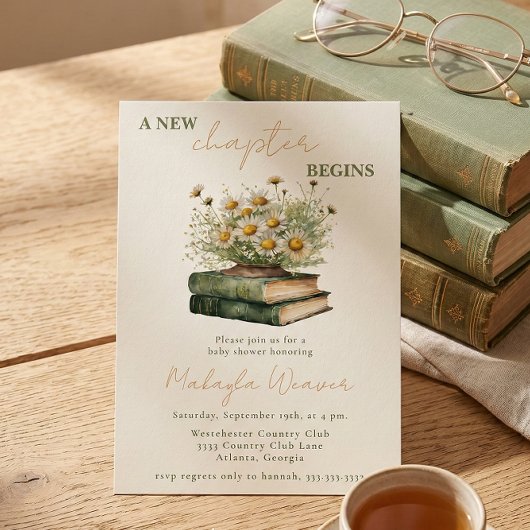 A New Chapter Begins Floral Books Baby Shower 招待状