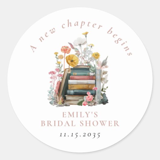 A New Chapter Begins Floral Books Bridal Shower ラウンドシール (正面)