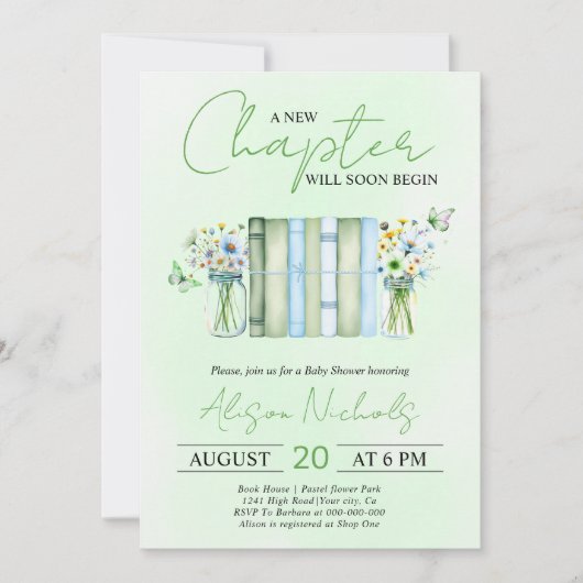 A New Chapter Begins neutral green baby shower 招待状 (正面)