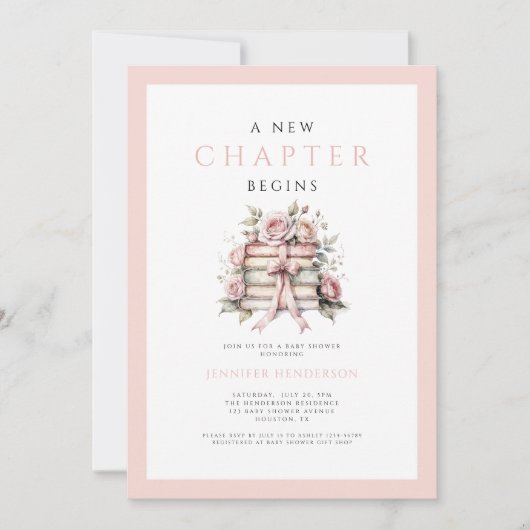 A New Chapter Begins Pink Bow Books Baby Shower 招待状 (正面)