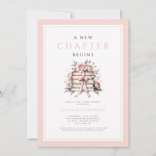 A New Chapter Begins Pink Bow Books Baby Shower 招待状 (正面)