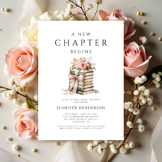 A New Chapter Begins Pink Bow Books Baby Shower 招待状