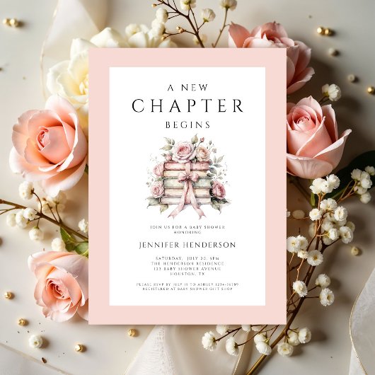 A New Chapter Begins Pink Bow Books Baby Shower 招待状