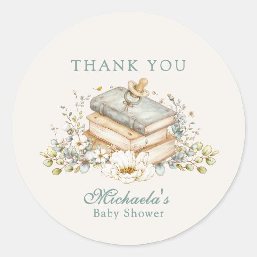 A New Chapter Begins Rustic Book Theme Baby Shower ラウンドシール (正面)